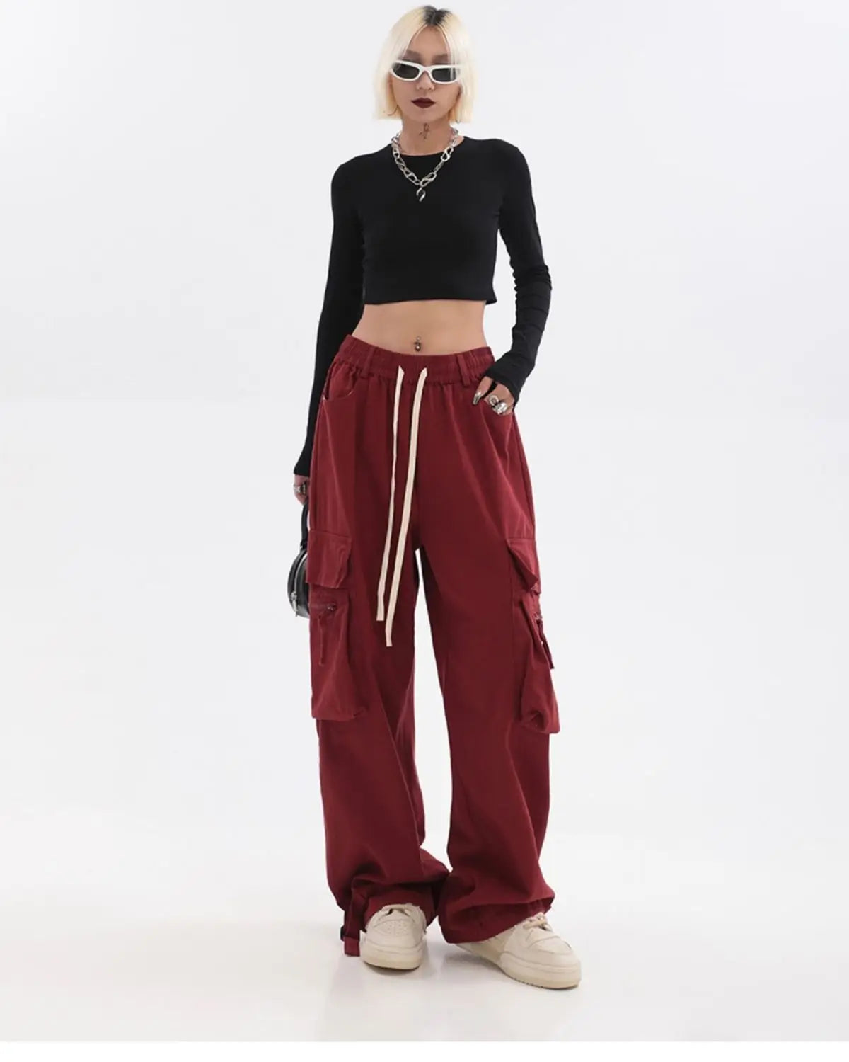 Streetwear Vintage Hip Hop Oversize Red Cargo Pants Women Drawstring Elastic Waist Loose Wide Leg Harajuku Casual Trousers 2023 voguable