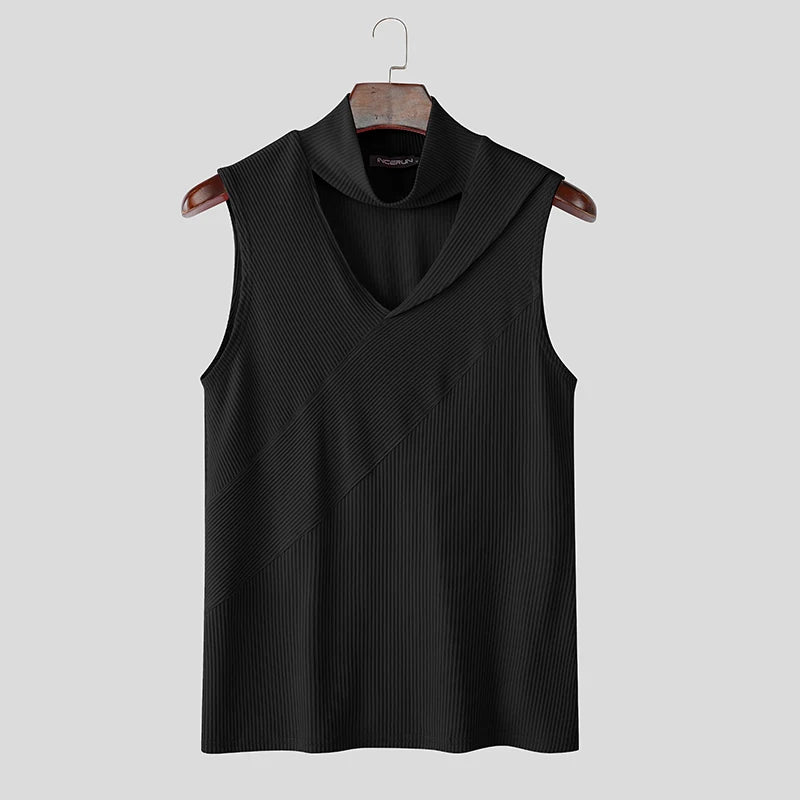 Summer Men Tank Tops Solid Color Knitted Turtleneck Sleeveless Male Vests Tops Hollow Out Sexy Men Clothing Streetwear voguable
