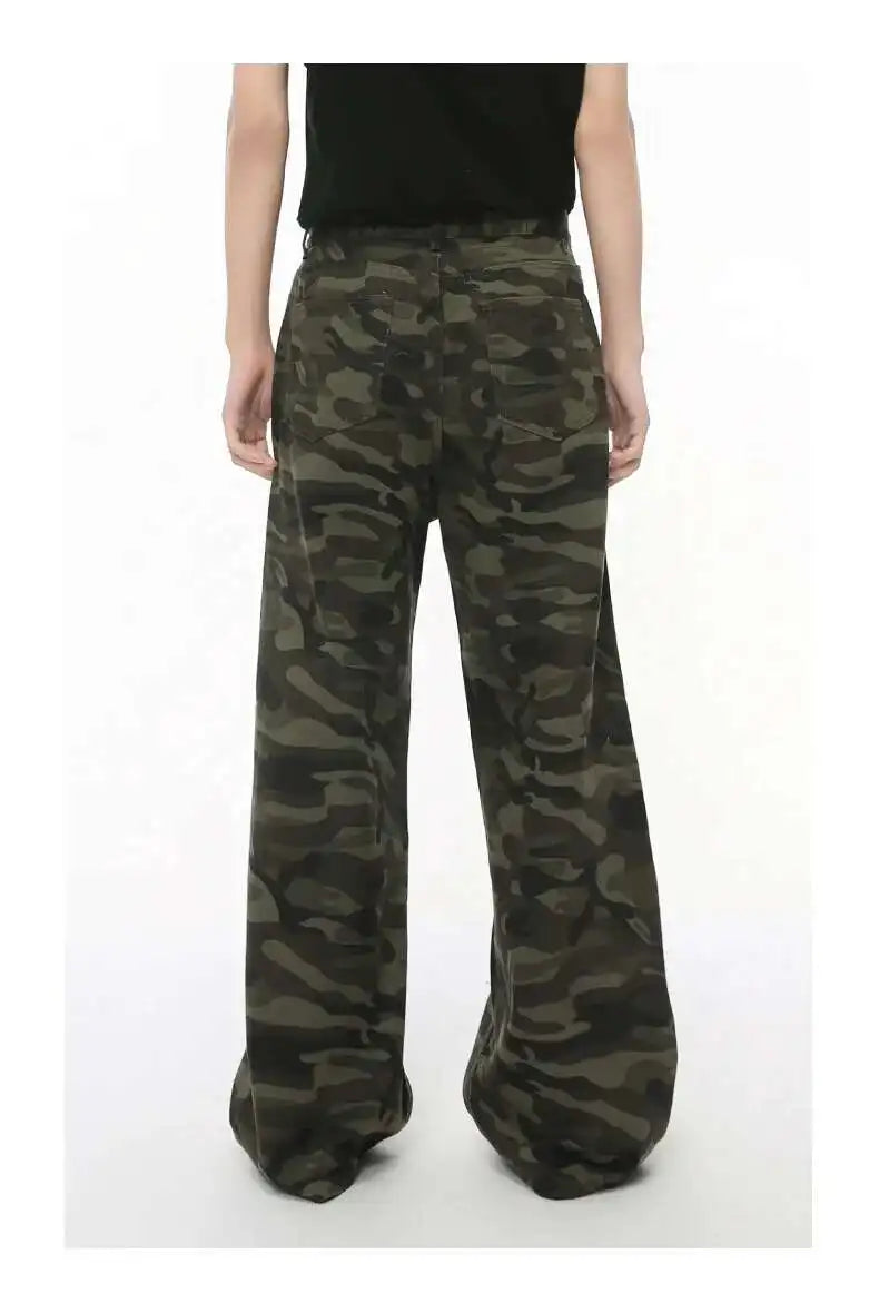 Vintage Camouflage Men's Jeans Fashion Washed Casual Wide Leg Denim Pants Autumn Winter Loose Male Trousers Old Blue 9C354 voguable