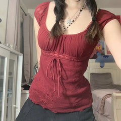 Elegant Lady Square Collar T-shirt Kawaii Bow Short Sleeve Pullovers Tees Y2K Vintage Fairy Grunge Women Crop Top Retro Clothes voguable