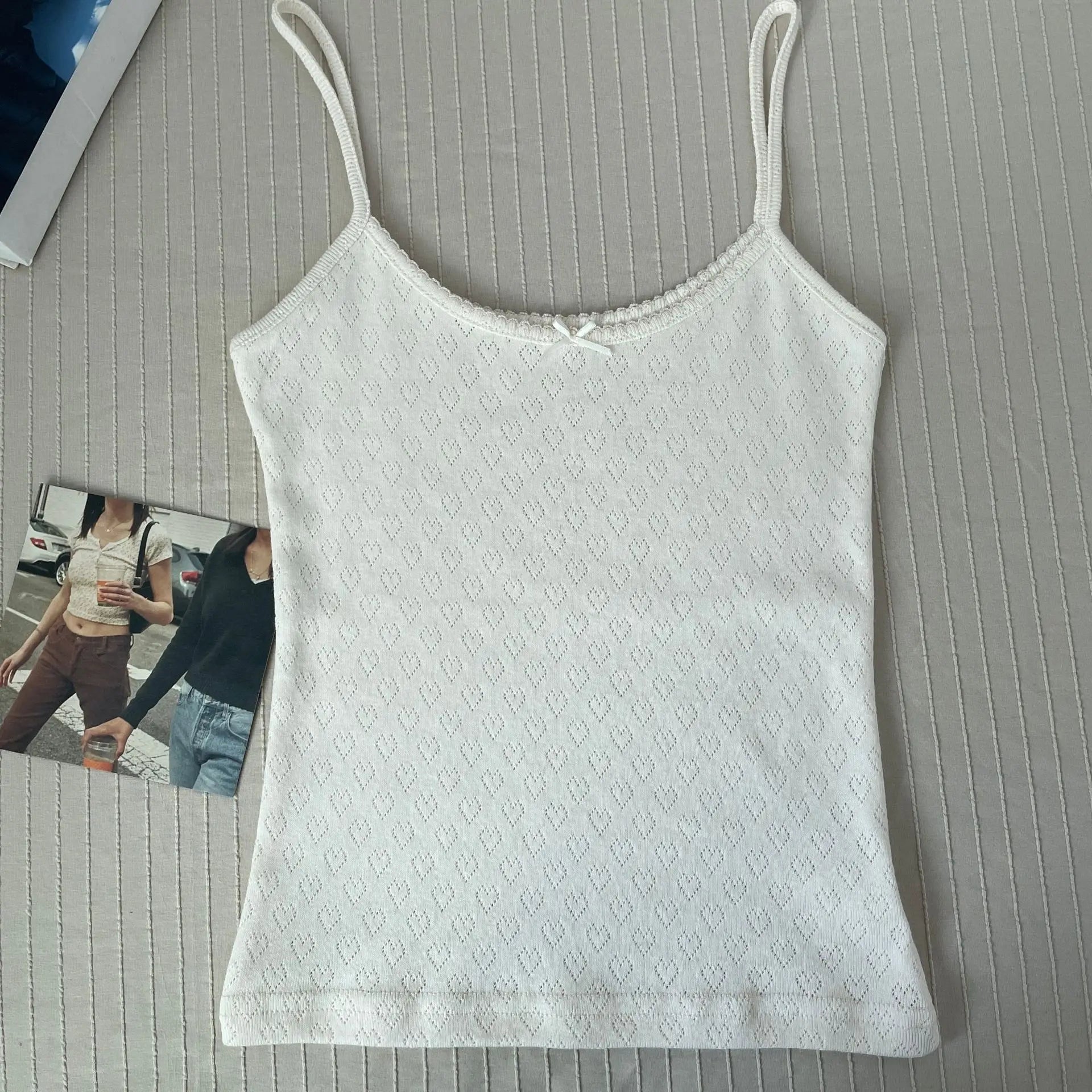 Floral Eyelet Bow Cotton Crop Tops Summer Lace Trim Sleeveless Slim Tank Top Women Preppy Style Sweet Camisole Y2k Clothes voguable