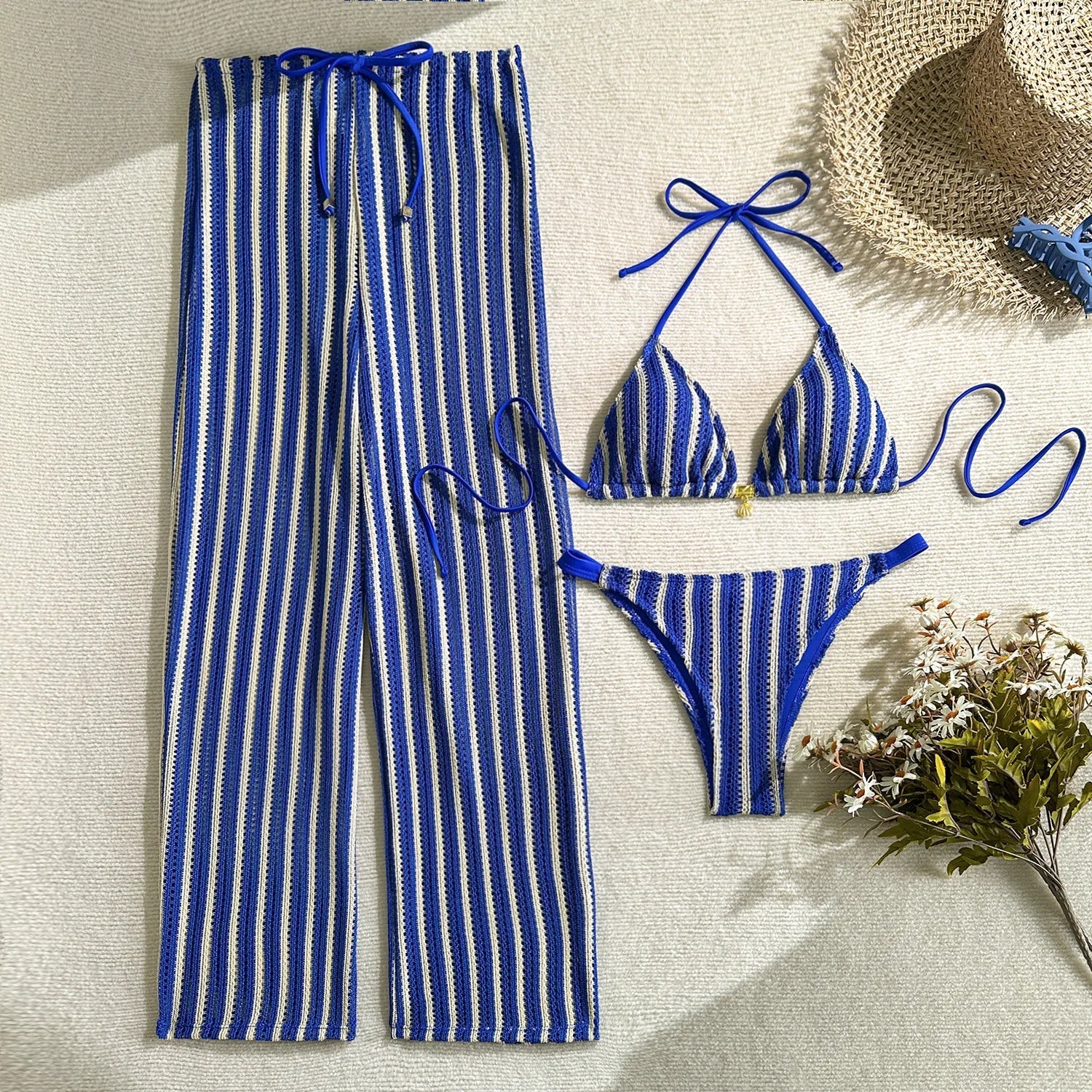 Voguable  Women 3 Pieces Striped Crochet Knit Halter Triangle Bikini Set with Gold Metal Matching Drawstring Waist Cover Up Pants Swimwear voguable
