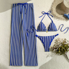 Voguable  Women 3 Pieces Striped Crochet Knit Halter Triangle Bikini Set with Gold Metal Matching Drawstring Waist Cover Up Pants Swimwear voguable