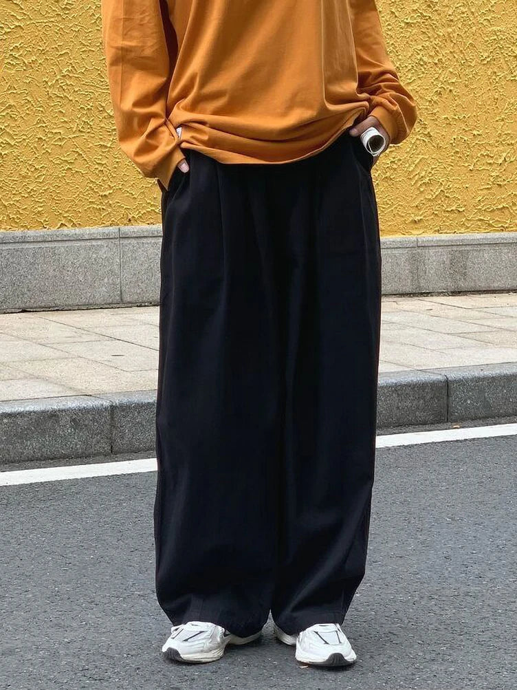 Voguable  Wide Leg Cotton Casual Pants Men Japanese Loose Oversize Straight Ankle-length Long Trousers Korean New voguable