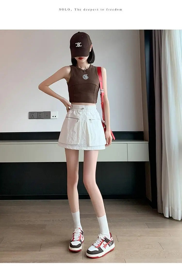 High Waist Drawstring Summer Women Short A Line Skirt Vintage Casual Cargo Big Zipper Pocket Skirt with Safety Shorts Hip Skirts voguable