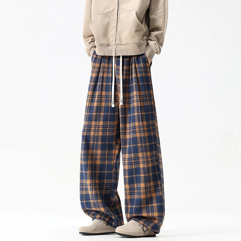Autumn Thick Pants Men Warm Fashion Retro Plaid Pants Men Streetwear Loose Wide Leg Pants Mens Oversized Vintage Trousers M-3XL voguable
