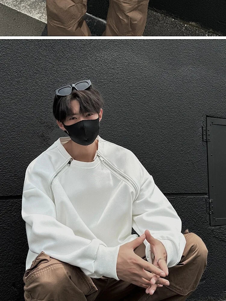 2025 Spring Men Sweatshirts Metal Zipper Solid Color Casual O Neck Fashion Oversize Streetwear Hip Hop Male White/Black voguable