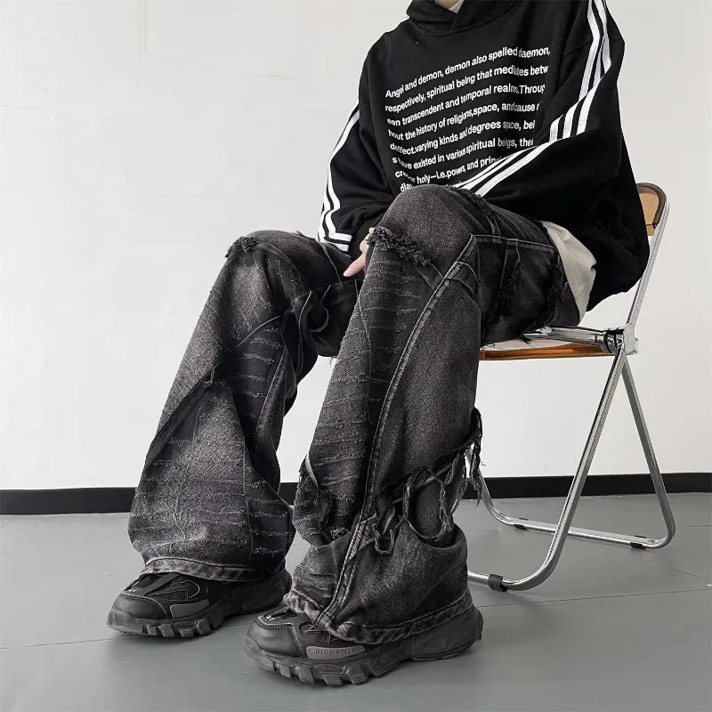 Voguable Y2K Punk Black American Street Rock Retro High Waist Oversized Jeans Men Raw Edge Washed Darkwear Wide Leg Trousers Men voguable
