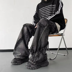 Voguable Y2K Punk Black American Street Rock Retro High Waist Oversized Jeans Men Raw Edge Washed Darkwear Wide Leg Trousers Men voguable