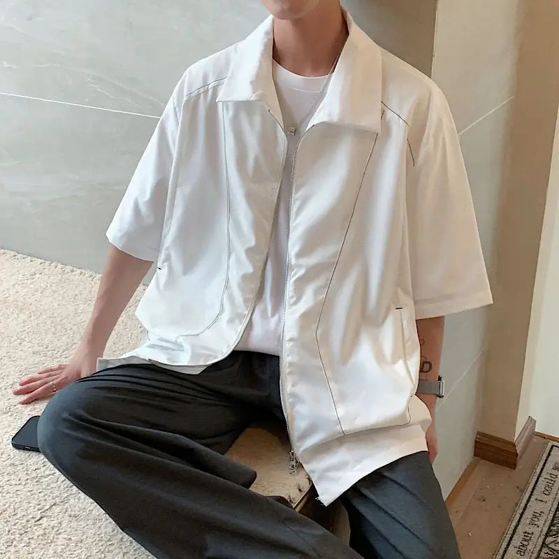 Voguable  Summer Bright Thread Splicing Short-sleeved Shirt for Men Double Zippered Cardigan voguable