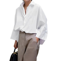 Stylish Selection Solid Color Lapel Collar Black White Blouse Spring Autumn Loose Causal Shirts Tops For Office Lady voguable