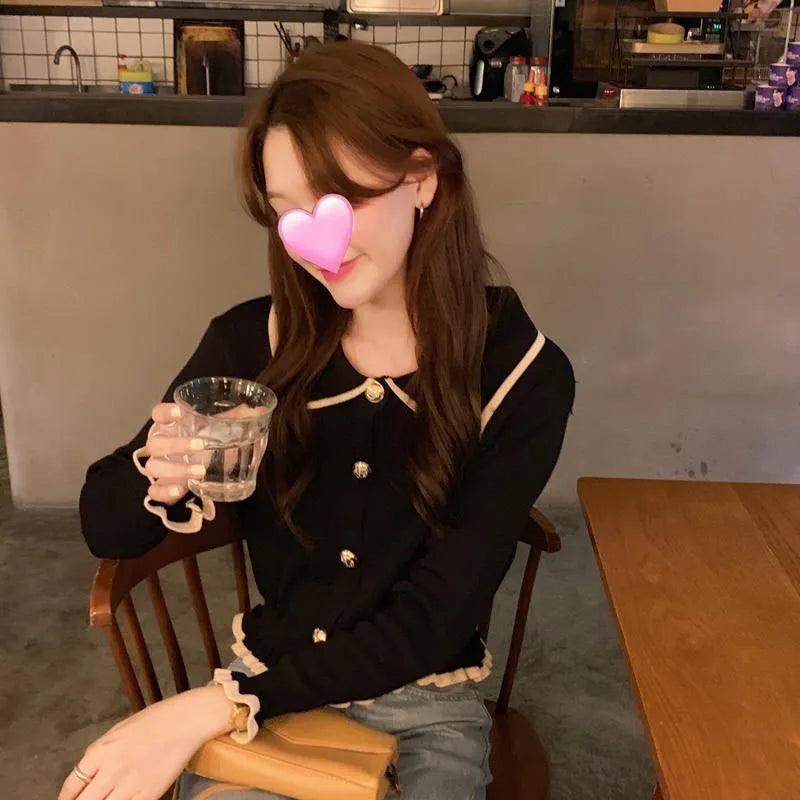 Ruffles Sweet Cardigan Sweaters Women Fashion Slim Long Sleeve Knitted Short Coat Elegant Patchwork Korean Lady Black Tops voguable