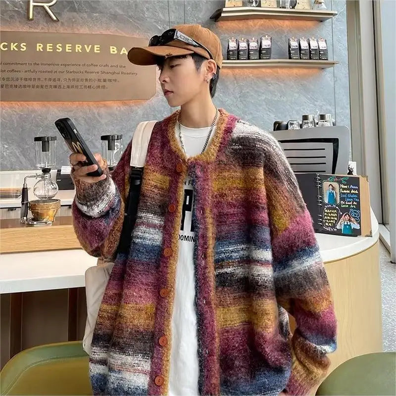 Autumn Winter Fashion Round Neck Long Sleeve Contrast Color Cardigan Men's Clothing Button Vintage Casual All-match Korean Tops voguable