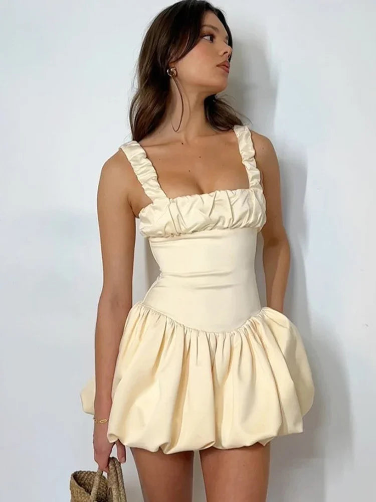 TARUXY Satin Suspender Mini Dress For Women Ball Gown Splice Sexy Sleeveless Ruched Solid Summer New Princess Party Dress Female voguable