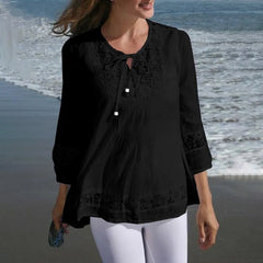 Fashion Women's Solid Lace Top Cotton Linen Casual Top Woman New Summer Blouse Three-Quarter Sleeve Loose Shirt & Blouse Women voguable