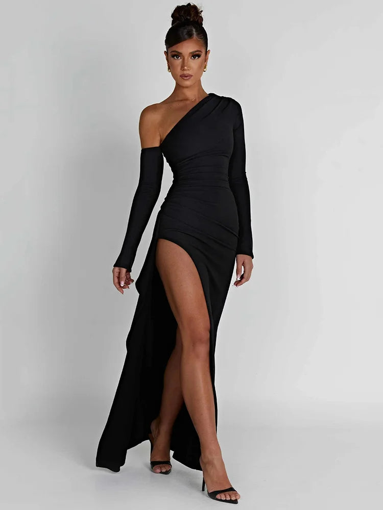Oblique Shoulder Thigh High Split Maxi Dress Women Long Sleeve Backless Bodycon Sexy Club Party Long Dress Vestidos voguable