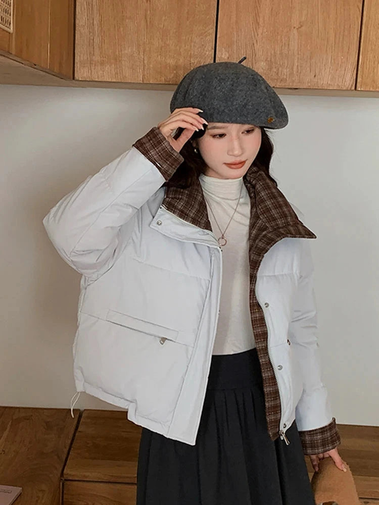 Winter Retro Puffy Parkas Women Warm Thick Plaid Patchwork Cute Coat Casual Preppy Style Korean Long Sleeve Cotton Jackets voguable