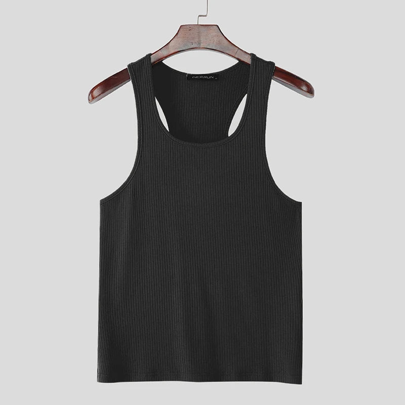 Men Tank Tops Solid Color Square Collar Sleeveless Fashion Male Vests Summer Streetwear 2025 Skinny Men Clothing S-3XL voguable