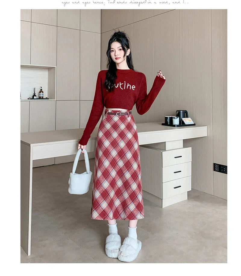 Faux Woolen Plaid Long Skirt Women Vintage Slim High Waist Back Slit Belt Skirts Korean Fall Winter Elegant Long Skirts New voguable