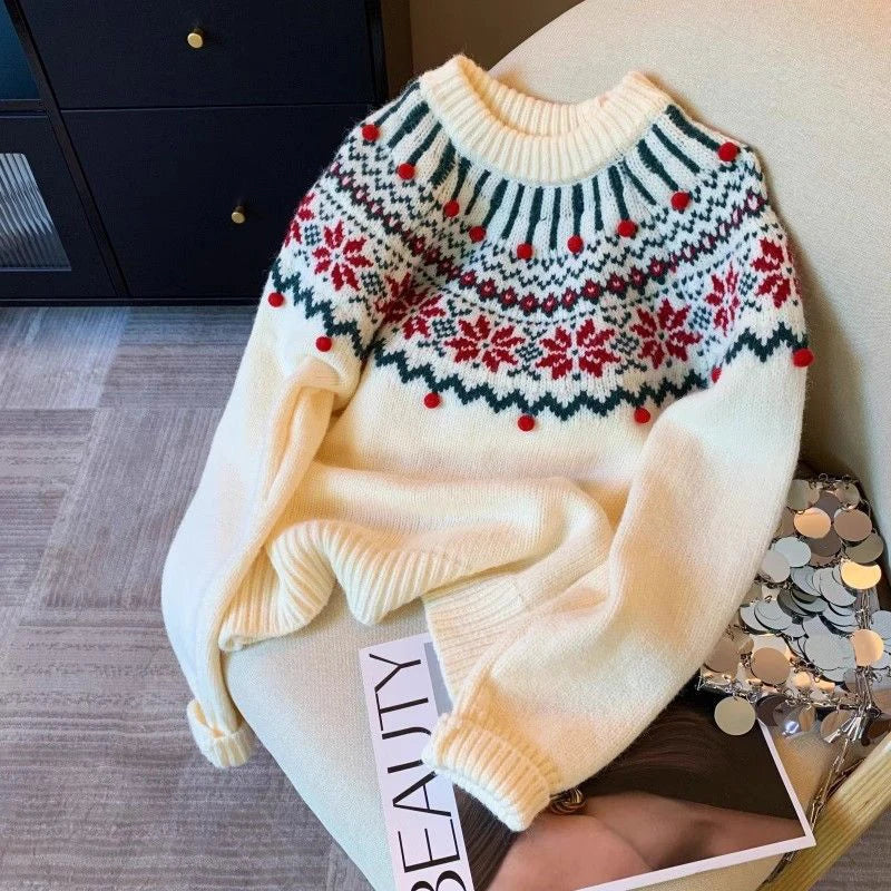Sweet Print Christmas Red Sweater Women Cute O Neck Vintage Knitted Jumper Casual Korean Lady Fall Winter Preppy Style Loose Top voguable