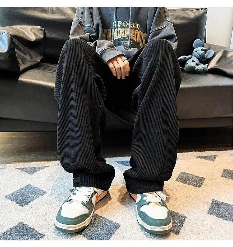 Autumn Corduroy Straight Trousers Men Loose Solid Casual Drape Trousers Harajuku Fashion Drawstring Street Wide Leg Sweatpant voguable