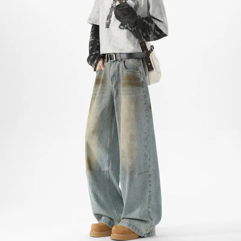 Men Baggy Wide Leg Jeans Washed High Street Fashion Trendy Casual Streetwear Oversized Fit Light Blue Vintage Wash Trousers voguable