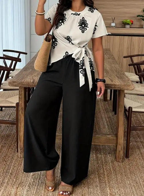 Voguable  Women's plus size casual printed side tie irregular top and black pants set for spring/summer voguable