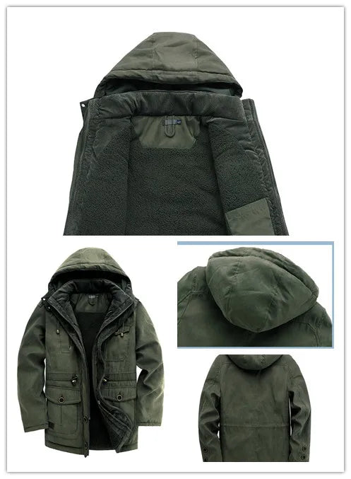 Lamb Warm Men's Parkas Jacket Hooded Winter Men's Clothing Fleece Hooded Cotton Thickened Multi Pocket Casual Mid Length Coat voguable