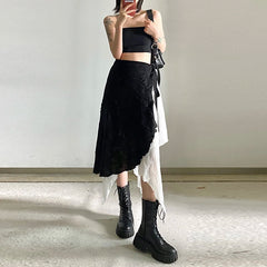 Voguable High Street Fashion Contrast Color Irregular Mesh A-Line Skirt Women 2023 Autumn New Korean Chic Lace Up Casual Mid-Length Skirt voguable