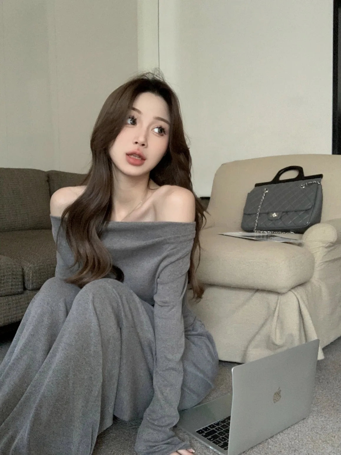 Voguable  Autumn New Streetwear Sexy Backless Irregular Long-sleeved T-shirt Women + Loose Casual Wide-leg Pants Two-piece Suit voguable