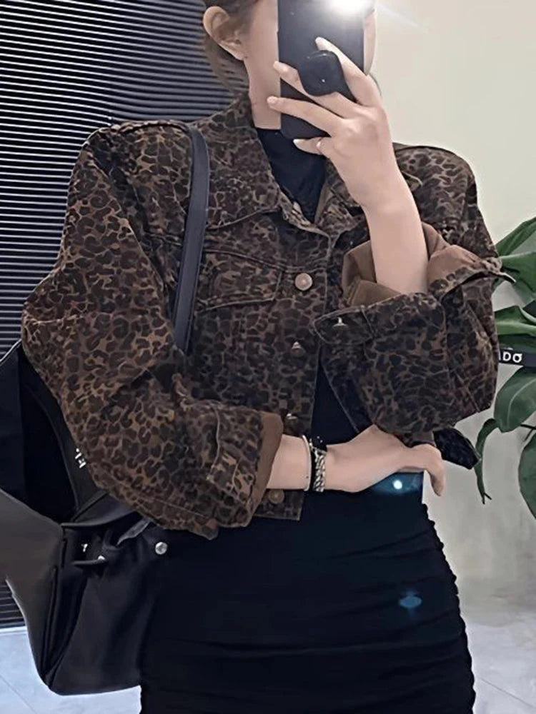 Y2K Cropped Leopard Denim Jacket Women Vintage Streetwear Long Sleeve Slim Short Coat American Harajuku Female Hip Hop Tops voguable
