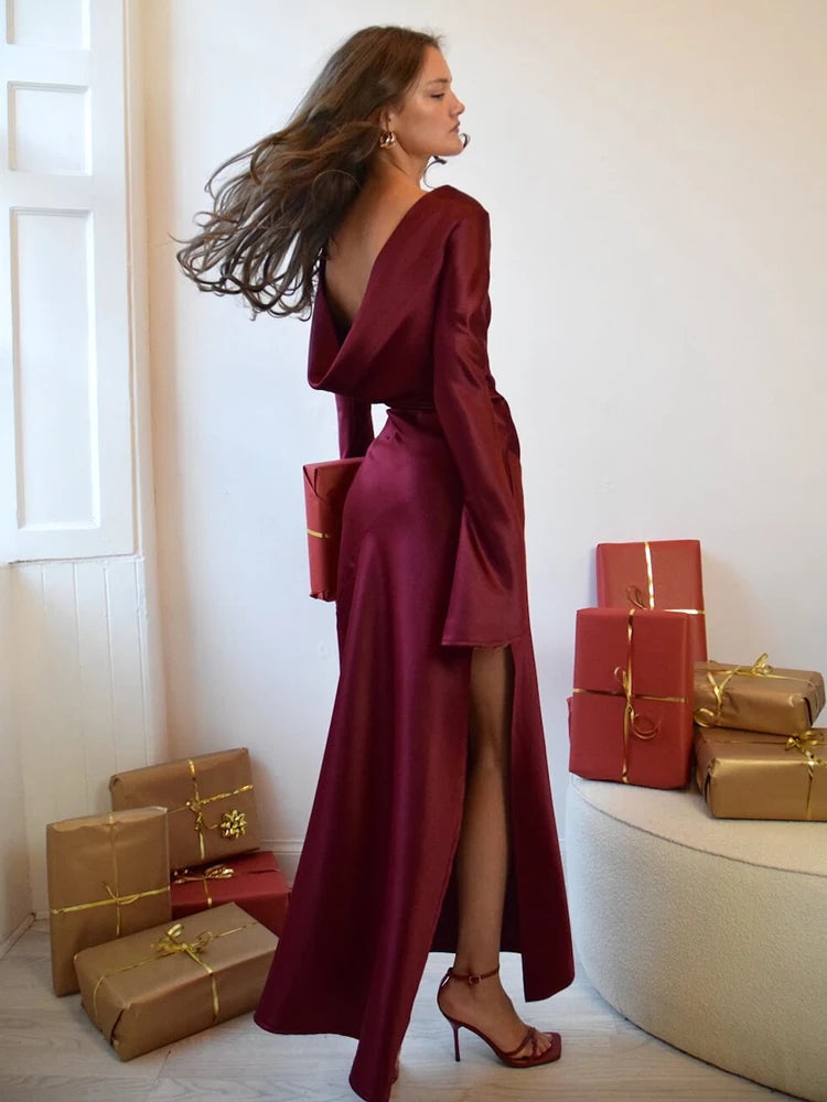 Elegant Christmas Evening Dress Women Long Sleeve Dress Bodycon Max Female Vestidos High Grade Satin Party Club Clothing voguable
