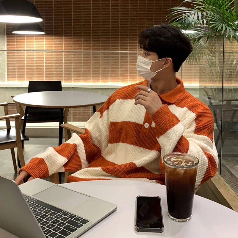 New Fashion Striped Men Polo Sweater Light Luxury Korean Popular Knitwear Premium Quality Long Sleeve Pullover Trendy Streetwear voguable