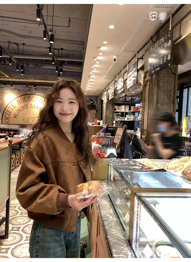 Y2K Retro Baseball Jacket Women Faux Suede Long Sleeve Fall Winter Coat Streetwear Casual American Vintage O Neck Bf Tops voguable