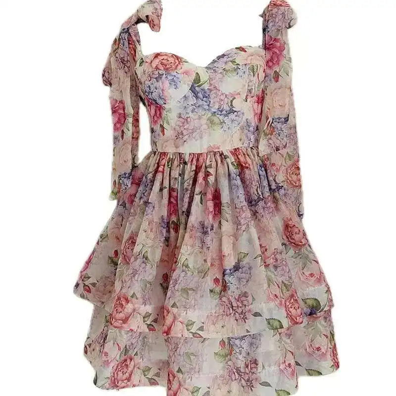 Fashion Women Dress Full Sleeve Square Collar Print Lace Up Bow Female Party Dress New Tide voguable