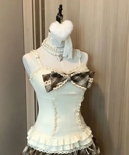 Voguable  Early Autumn Three-Piece Set Breathable V-Neck Checkered  Knot Strap Bell-Cuff Open Cardigan Atmosphere Feeling Clot... voguable