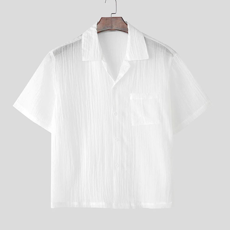 Men Shirt Solid Color Lapel Short Sleeve Summer Pleated Men Clothing Streetwear 2025 Pockets Fashion Male Shirts Tops voguable
