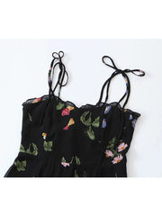 Voguable Summer Fashion Women French Style Floral Print Sling Chiffon Dress Vintage Black Female Midi Robe Prairie Chic voguable