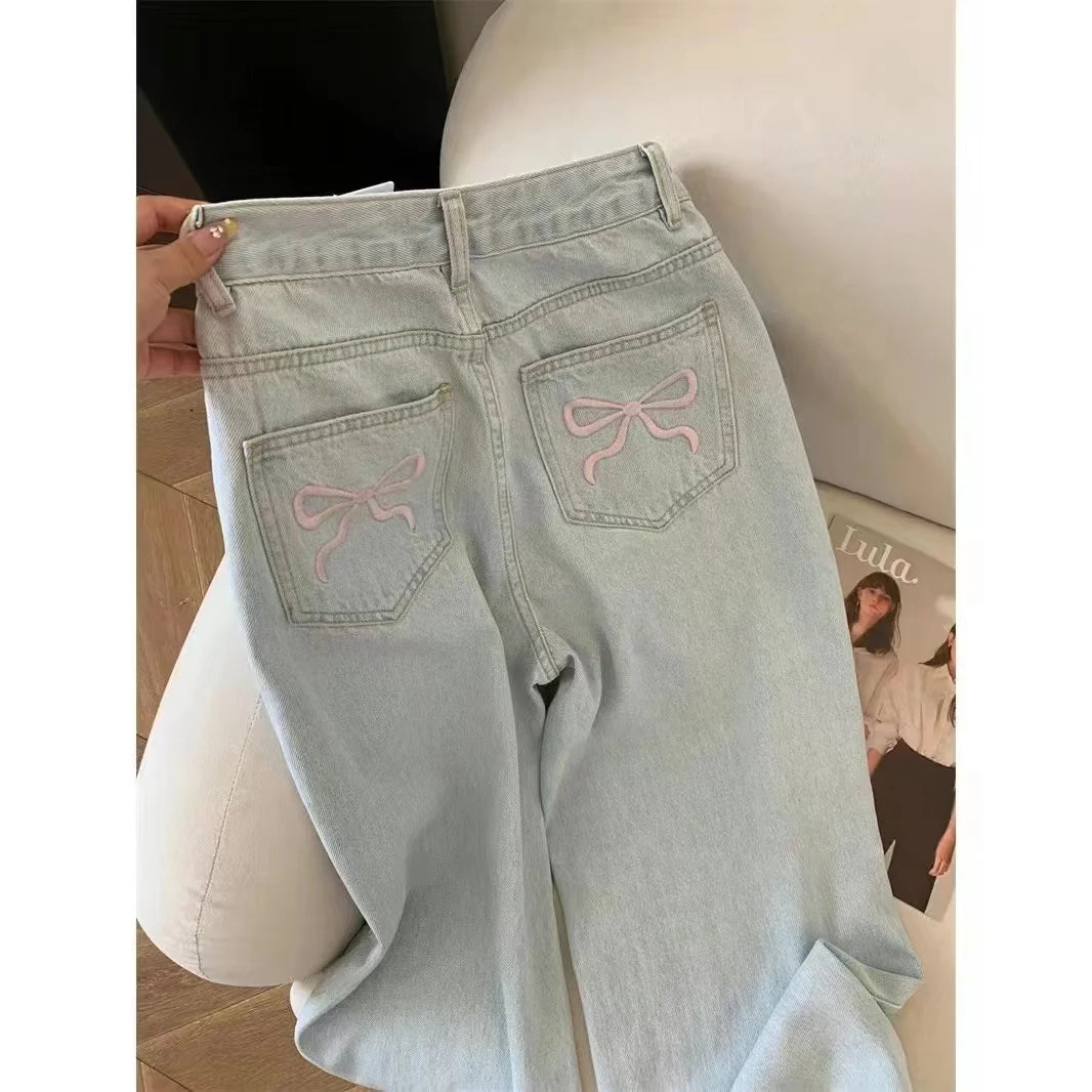 Voguable 2024 Blue Jeans for Women High Quality High Waist American Wide Leg Pants Bow Embroidery Y2K Vintage Straight Summer Trousers voguable
