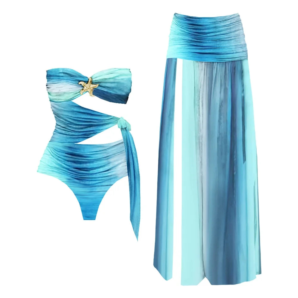 2Pcs Hollow Swimsuit With Long Skirt Women Sexy Swimwear Female Bikini Cut Out Biquini Swim Suit Shiny Star Bodysuit Beachwear voguable