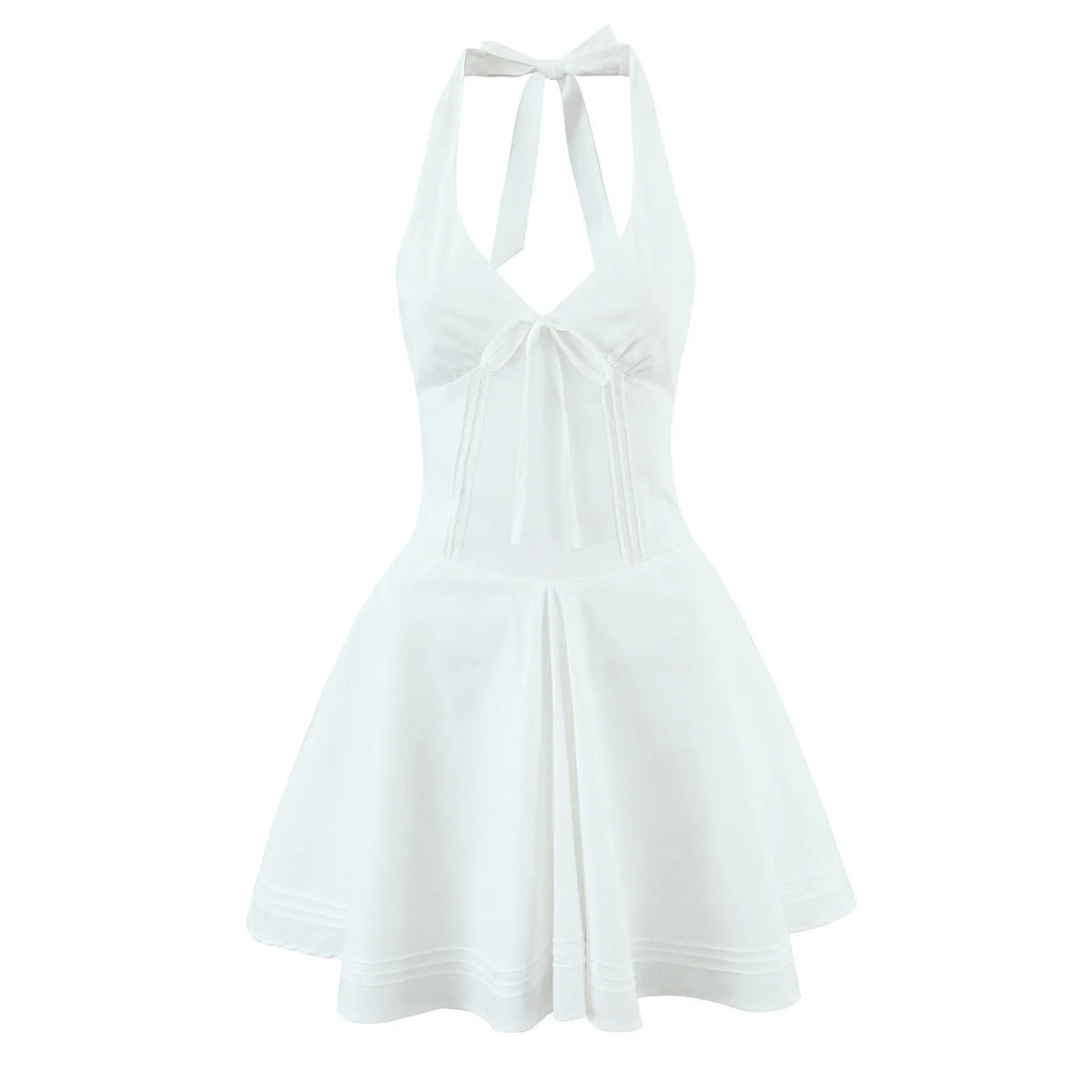 Sexy Deep V Halter White Mini Dress Women Fashion Backless A-line Elegant Party Dresses Summer Robe Lace Up Vestidos voguable