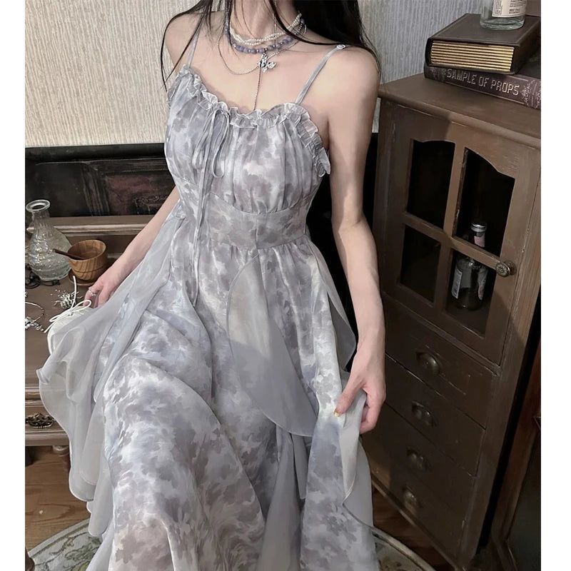 Voguable  Sleeveless Printed Camisole dress Summer Casual Long Princess Dress Slim Ruffles Women Party Dress Vacation voguable