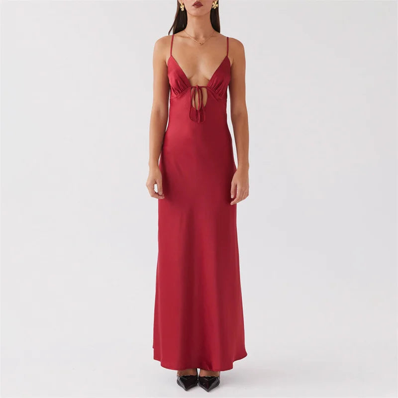 Sexy Long Dresses Women Solid Color V Neck Tie Up Spaghetti Strap Sleeveless Backless Dress Evening Party Dresses voguable