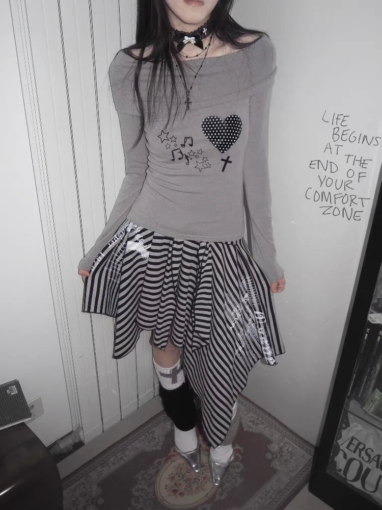 Japanese Style Harajuku Striped Skirt Women Vintage Gothic Y2k Grunge Mini Skirt Punk Irregular Streetwear Short Skirts voguable