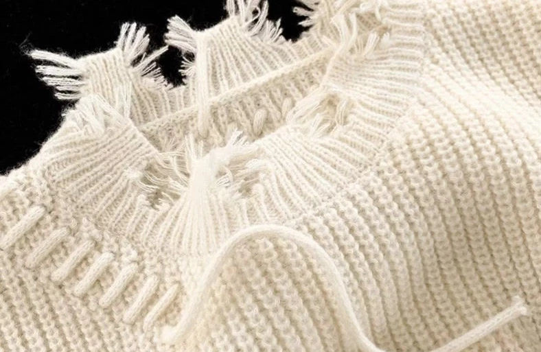 Voguable  Knitted Sweaters for Men Solid Color Crewneck Man Clothes Pullovers Round Collar Plain with Holes Beige Torn Thick Winter Street voguable