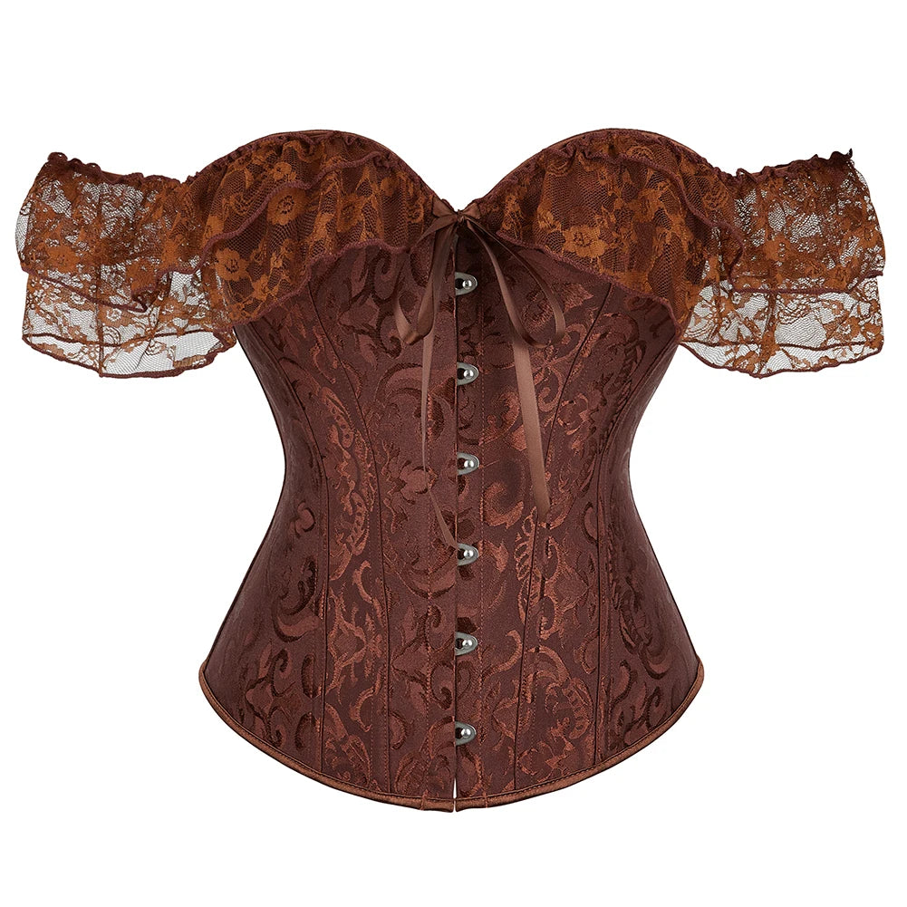 Voguable Womens Bustier Overbust Corselet Lace Up Short Sleeve Sheer Corset Bluse Costume Crop Top voguable