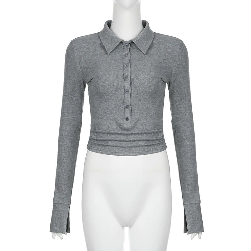 Voguable Casual Basic Button-up Turn-down Collar Knitted Cropped Top Women Chic Elegant Slim-fit Long Sleeve T-shirts Autumn Tee voguable