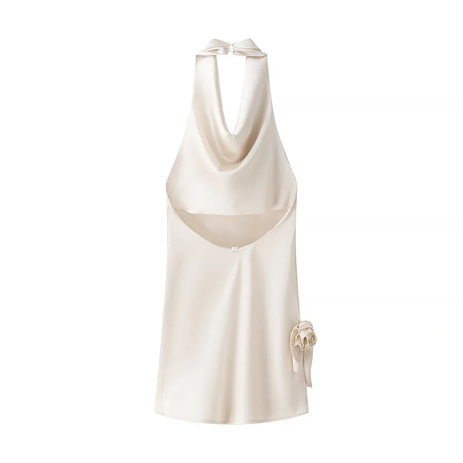 3D Flower Satin Halter-neck Short Dress 2025 New Fashion Beige Slim Sleeveless Dresses Backless Summer Party Dress For Women voguable