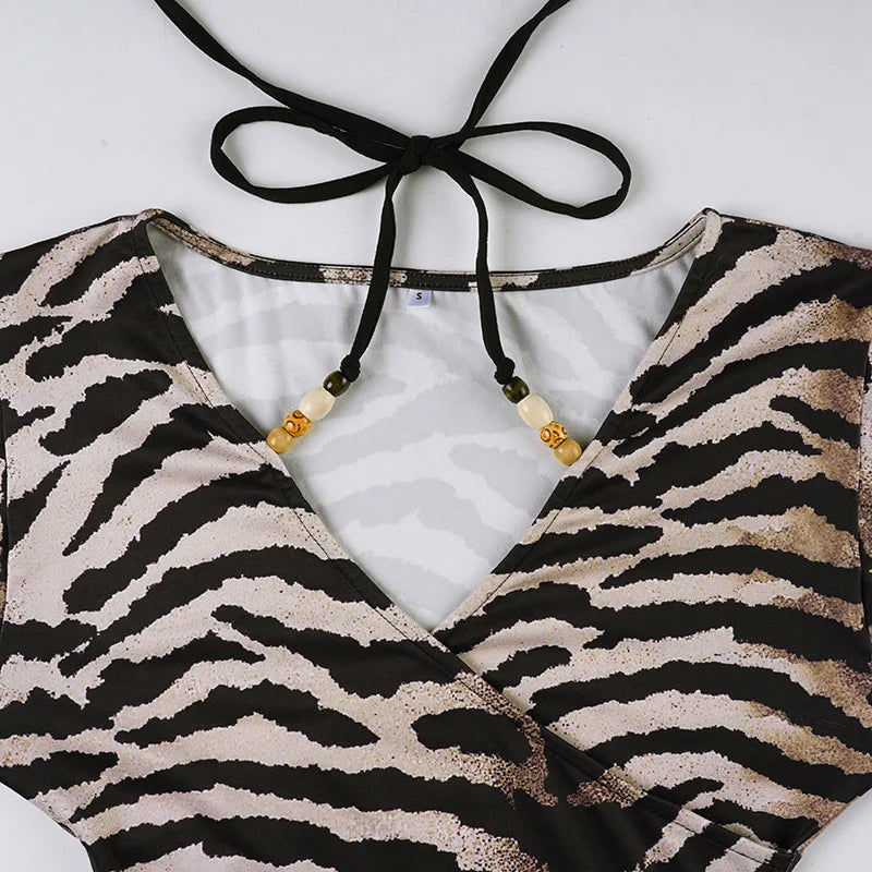 Voguable  Fashion Leopard Printing T-shirts Bead Halter Off Shouler V Neck Flare Sleeve Loose Fit Female Tie Up Sexy Ladies Tops Clothes voguable