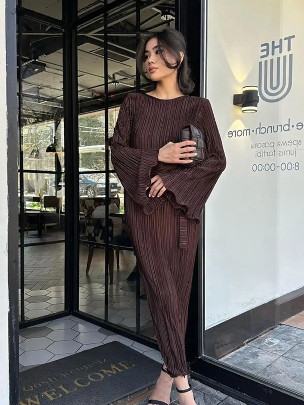 Women's Autumn New Fashion Pleat Belted Vestidos Elegant Flare Long Sleeve Long Fold Long Dress Party Prom Slim Robe voguable